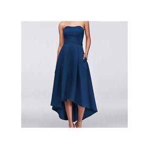David’s Bridal strapless, high-low dress—navy blue satin with POCKETS